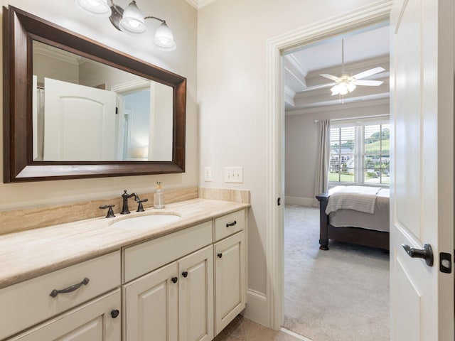 5007 Buds Farm Ln, Franklin, TN 37064 - ensuite bathroom with ornamental molding, vanity, and ceiling fan