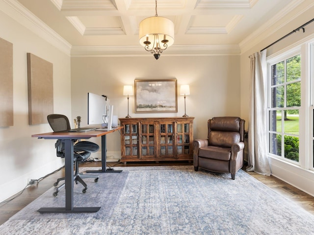5007 Buds Farm Ln, Franklin, TN 37064 - office area with coffered ceiling, ornamental molding, wood finished floors, baseboards, and beamed ceiling