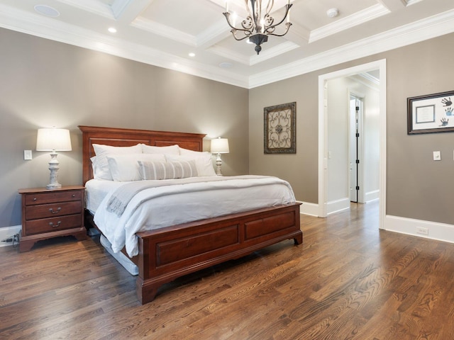 5007 Buds Farm Ln, Franklin, TN 37064 - bedroom featuring coffered ceiling, a chandelier, beamed ceiling, baseboards, and crown molding