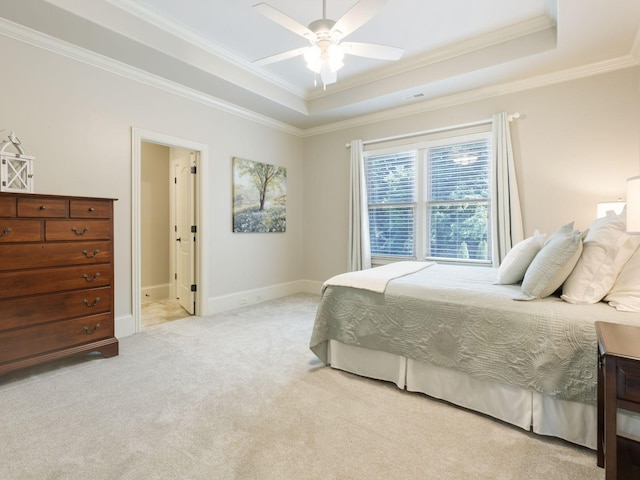 5007 Buds Farm Ln, Franklin, TN 37064 - carpeted bedroom with crown molding, a tray ceiling, ceiling fan, and baseboards