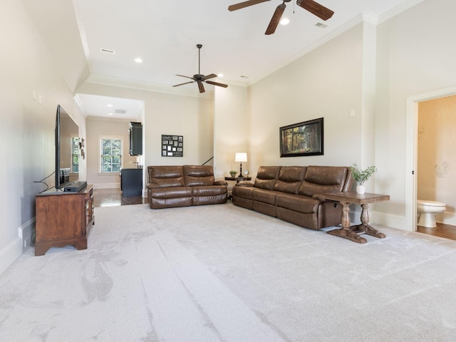 5007 Buds Farm Ln, Franklin, TN 37064 - living room featuring a ceiling fan, ornamental molding, carpet, baseboards, and recessed lighting