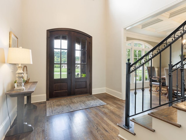 5007 Buds Farm Ln, Franklin, TN 37064 - entryway featuring french doors, crown molding, baseboards, stairway, and a towering ceiling