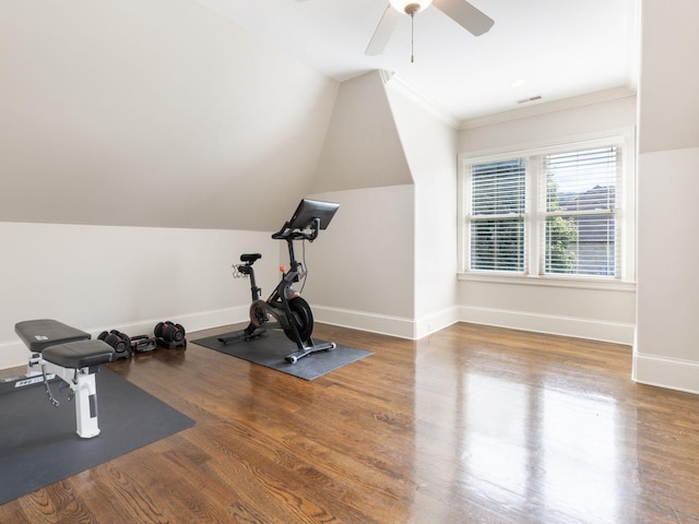 5007 Buds Farm Ln, Franklin, TN 37064 - exercise room featuring wood finished floors, baseboards, ornamental molding, a ceiling fan, and lofted ceiling