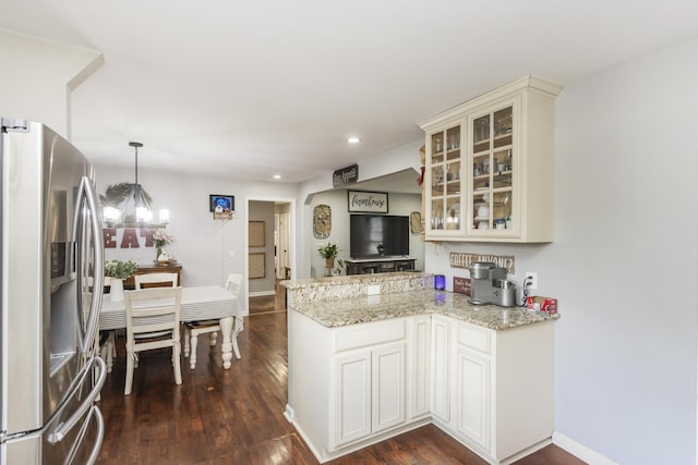 102 Ryburn Dr, Old Hickory, TN 37138 - kitchen with stainless steel fridge with ice dispenser, a peninsula, dark wood-style flooring, glass insert cabinets, and recessed lighting