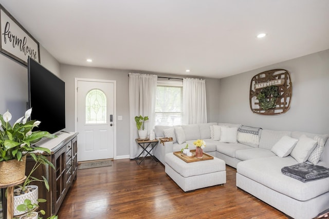 102 Ryburn Dr, Old Hickory, TN 37138 - living room featuring dark wood-style flooring, recessed lighting, and baseboards
