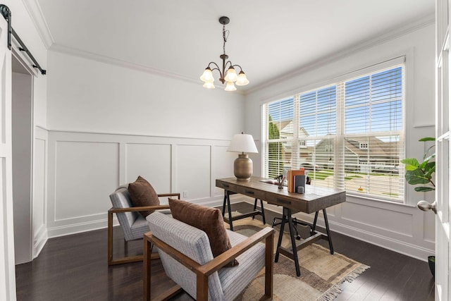 23 Hope Ct, Mount Juliet, TN 37122 - office with a decorative wall, a barn door, ornamental molding, a chandelier, and dark wood finished floors