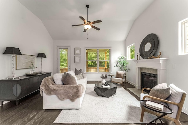 23 Hope Ct, Mount Juliet, TN 37122 - living room featuring lofted ceiling, dark wood finished floors, ceiling fan, a fireplace, and plenty of natural light