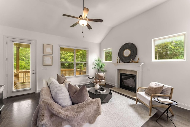 23 Hope Ct, Mount Juliet, TN 37122 - living area with healthy amount of natural light, a fireplace with flush hearth, a ceiling fan, lofted ceiling, and baseboards