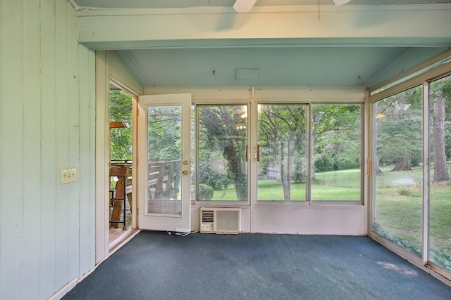 929 Deervale Dr, Nashville, TN 37217 - unfurnished sunroom with plenty of natural light, a ceiling fan, beam ceiling, and a wall mounted AC