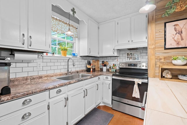 7214 Timberlane Dr, Fairview, TN 37062 - kitchen with stainless steel electric range, a sink, white cabinetry, decorative backsplash, and under cabinet range hood