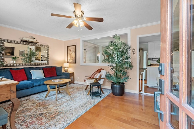 7214 Timberlane Dr, Fairview, TN 37062 - living area featuring a textured ceiling, light wood-style floors, a ceiling fan, crown molding, and baseboards