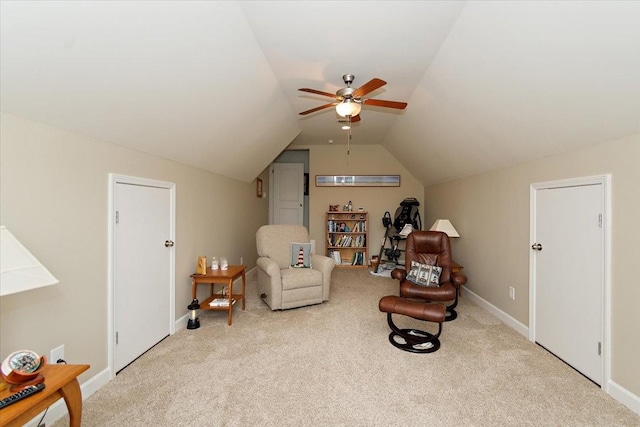 1047 Caballo Trl, Gallatin, TN 37066 - sitting room featuring carpet floors, ceiling fan, lofted ceiling, and baseboards