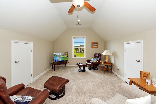1047 Caballo Trl, Gallatin, TN 37066 - living area featuring light carpet, a ceiling fan, lofted ceiling, and baseboards