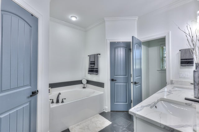 831 W Sagefield Dr, Smyrna, TN 37167 - bathroom featuring double vanity, a garden tub, and crown molding