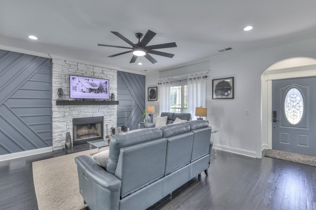 831 W Sagefield Dr, Smyrna, TN 37167 - living room with baseboards, a ceiling fan, ornamental molding, a fireplace, and dark wood-style floors