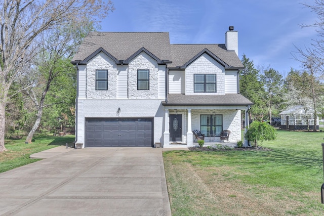 831 W Sagefield Dr, Smyrna, TN 37167 - view of front facade featuring a porch, concrete driveway, roof with shingles, a chimney, and an attached garage