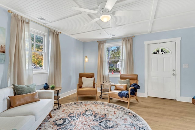 210 Kerr Ave, Murfreesboro, TN 37130 - living area featuring plenty of natural light, wood finished floors, a ceiling fan, baseboards, and coffered ceiling