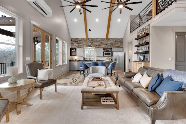 44 Hasty Hill Rd, Lynchburg, TN 37352 - living area featuring ceiling fan, a wall unit AC, high vaulted ceiling, recessed lighting, and light wood-style floors