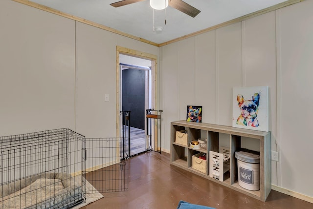 9780 S Lick Creek Rd SW, Lyles, TN 37098 - game room with a ceiling fan, finished concrete flooring, and baseboards