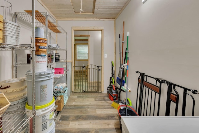9780 S Lick Creek Rd SW, Lyles, TN 37098 - hallway with wood finished floors, wooden ceiling, and attic access