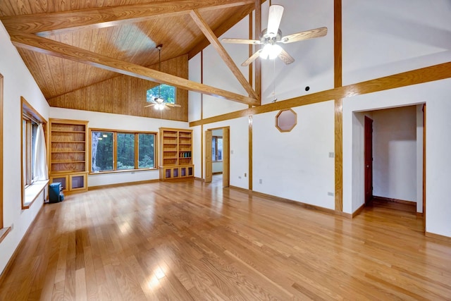 943 Old Ccc Rd, Sewanee, TN 37375 - unfurnished living room featuring high vaulted ceiling, ceiling fan, wood finished floors, wood ceiling with exposed beams, and baseboards