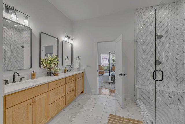 609 Dallas Ct, Murfreesboro, TN 37130 - ensuite bathroom with double vanity, a shower stall, marble finish flooring, and baseboards