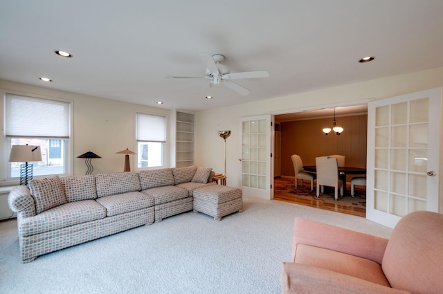 6307 Park Ln, Nashville, TN 37205 - living room featuring carpet floors, a chandelier, recessed lighting, and ceiling fan