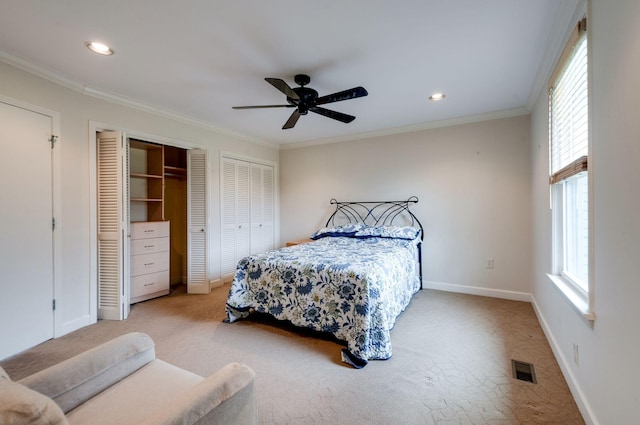 6307 Park Ln, Nashville, TN 37205 - carpeted bedroom featuring multiple closets, baseboards, ornamental molding, a ceiling fan, and recessed lighting