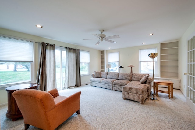 6307 Park Ln, Nashville, TN 37205 - living room featuring carpet floors, ceiling fan, built in shelves, and recessed lighting