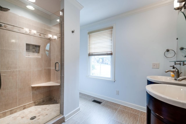 6307 Park Ln, Nashville, TN 37205 - bathroom with a shower stall, vanity, ornamental molding, baseboards, and tile patterned floors