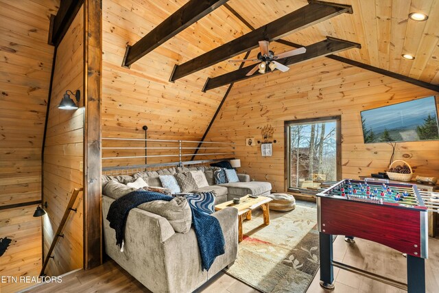 817 Pine Top Ln, Gatlinburg, TN 37738 - living room featuring wooden ceiling, wood walls, wood finished floors, a ceiling fan, and recessed lighting