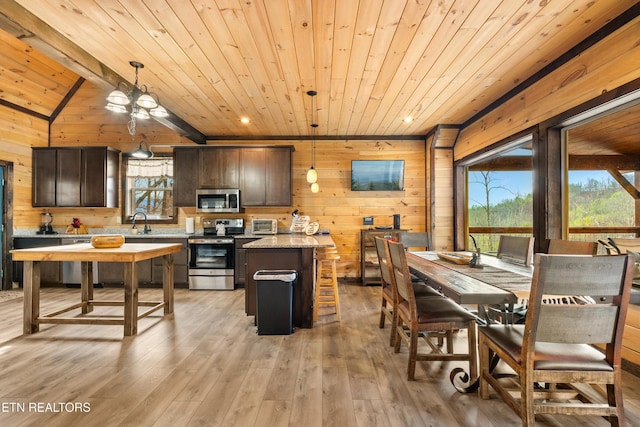817 Pine Top Ln, Gatlinburg, TN 37738 - kitchen featuring stainless steel appliances, wooden ceiling, wood walls, light wood-style flooring, and dark brown cabinets