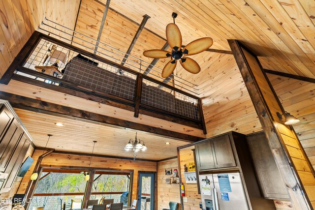 817 Pine Top Ln, Gatlinburg, TN 37738 - detailed view of wooden walls, wooden ceiling, ceiling fan, stainless steel refrigerator with ice dispenser, and a fire extinguisher