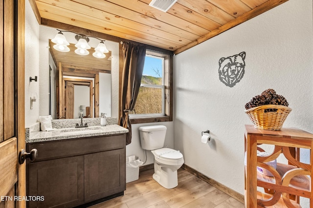 817 Pine Top Ln, Gatlinburg, TN 37738 - half bathroom with toilet, vanity, wood finished floors, a textured wall, and wood ceiling