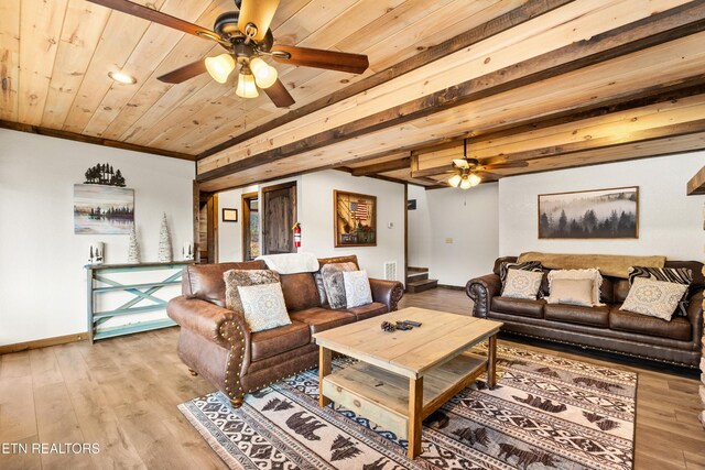 817 Pine Top Ln, Gatlinburg, TN 37738 - living room with a ceiling fan, wood ceiling, light wood-style flooring, and baseboards