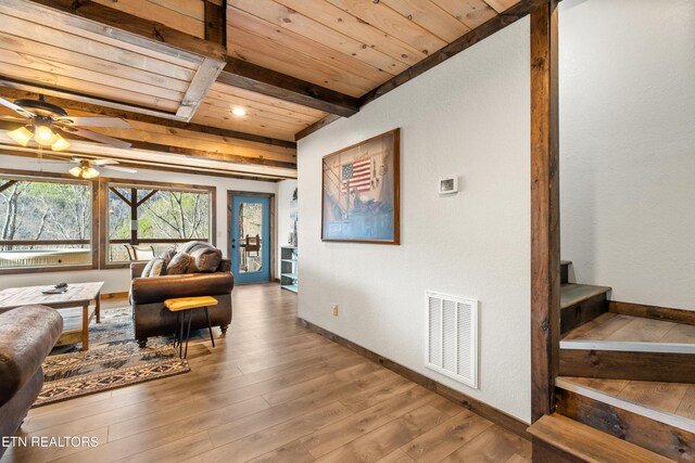 817 Pine Top Ln, Gatlinburg, TN 37738 - living area featuring wooden ceiling with exposed beams, a ceiling fan, wood finished floors, and baseboards