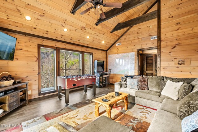817 Pine Top Ln, Gatlinburg, TN 37738 - living room featuring wooden walls, hardwood / wood-style floors, wooden ceiling, ceiling fan, and recessed lighting