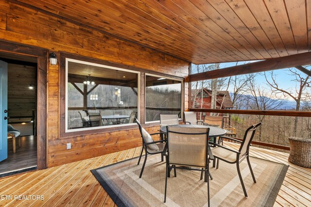 817 Pine Top Ln, Gatlinburg, TN 37738 - sunroom / solarium with wooden walls, hardwood / wood-style floors, a wooden deck, wood ceiling, and a chandelier