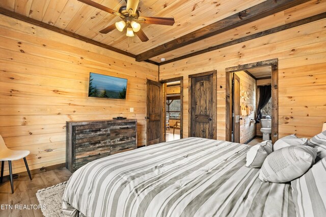 817 Pine Top Ln, Gatlinburg, TN 37738 - bedroom with wood walls, wood ceiling with exposed beams, wood finished floors, and ensuite bathroom
