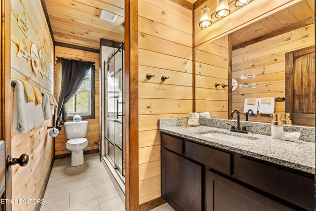 817 Pine Top Ln, Gatlinburg, TN 37738 - bathroom with wooden ceiling, wood walls, vanity, toilet, and a stall shower