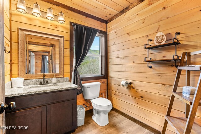 817 Pine Top Ln, Gatlinburg, TN 37738 - bathroom featuring wood walls, vanity, toilet, wood ceiling, and wood finished floors