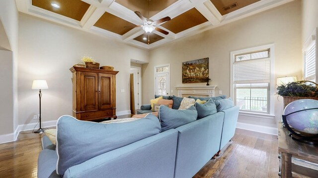 1303 Reynard Dr, Gallatin, TN 37066 - living room featuring baseboards, a ceiling fan, dark wood finished floors, coffered ceiling, and a towering ceiling