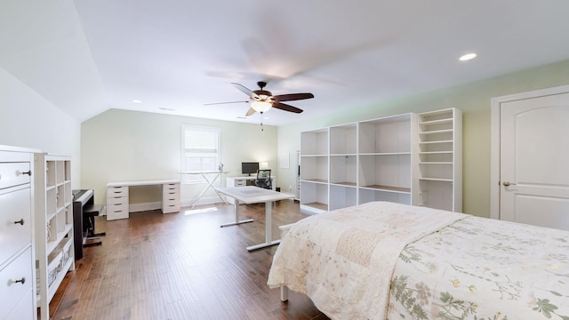 1303 Reynard Dr, Gallatin, TN 37066 - bedroom with an office area, dark wood-type flooring, recessed lighting, a ceiling fan, and vaulted ceiling