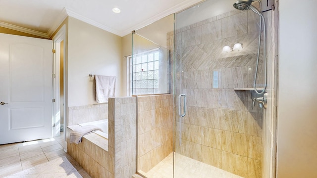 1303 Reynard Dr, Gallatin, TN 37066 - bathroom featuring a bath, a shower stall, crown molding, tile patterned flooring, and recessed lighting