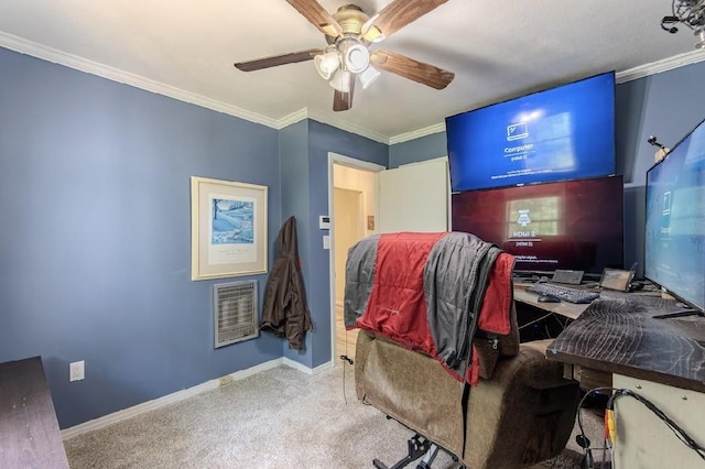262 Purdy Rd, Selmer, TN 38375 - office space with carpet floors, a ceiling fan, heating unit, baseboards, and ornamental molding