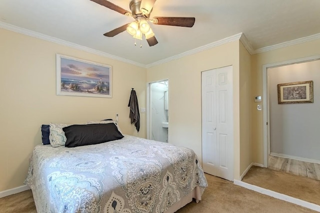 262 Purdy Rd, Selmer, TN 38375 - bedroom with light carpet, ornamental molding, baseboards, a closet, and ceiling fan