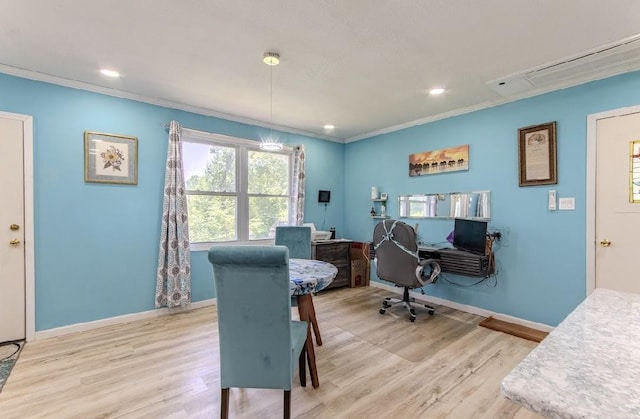 262 Purdy Rd, Selmer, TN 38375 - office area featuring crown molding, light wood-style floors, baseboards, and recessed lighting