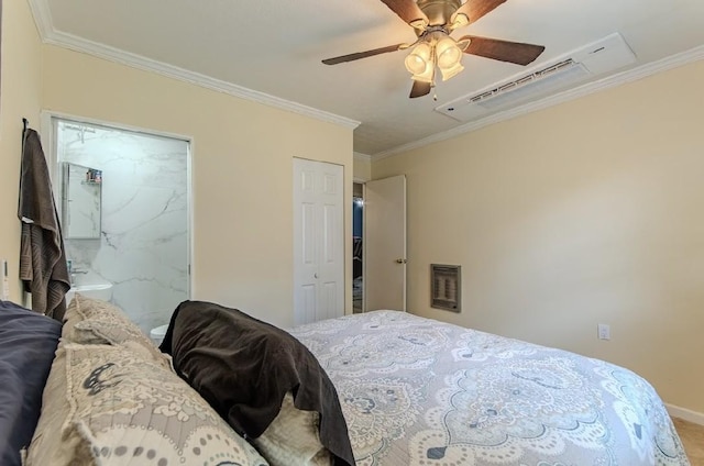 262 Purdy Rd, Selmer, TN 38375 - bedroom featuring ornamental molding, ceiling fan, ensuite bath, and baseboards