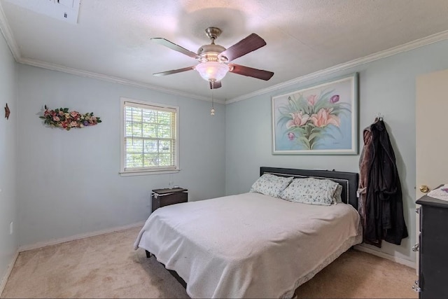 262 Purdy Rd, Selmer, TN 38375 - bedroom with light colored carpet, ornamental molding, baseboards, and a ceiling fan