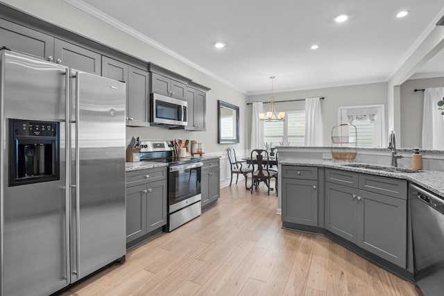 6787 Dharma Loop, Chattanooga, TN 37412 - kitchen with stainless steel appliances, a sink, a chandelier, gray cabinetry, and light wood-style flooring